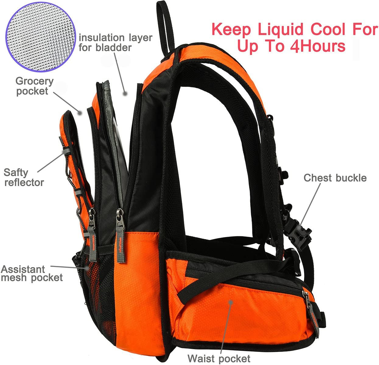 Insulated Hydration Backpack Pack with 2L BPA Free Bladder - Keeps Liquid Cool up to 4 Hours – for Running, Hiking, Cycling, Camping (Orange Nopack)